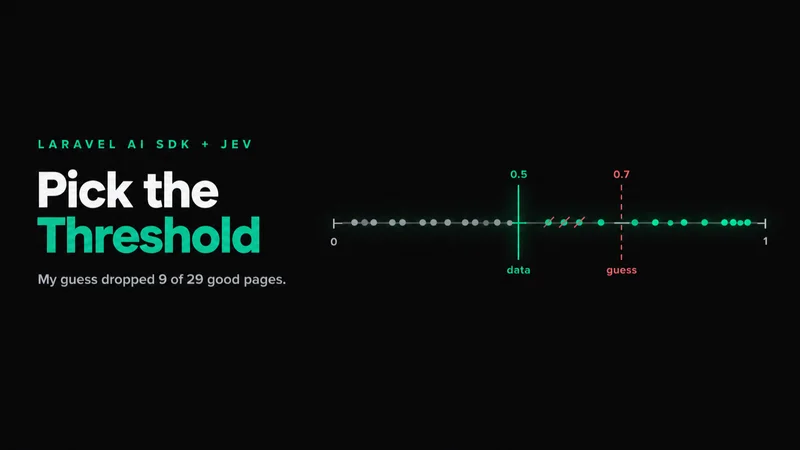 Pick the Threshold cover: a dark cover with a horizontal number line from 0 to 1 dotted with data points, grey on the left and emerald on the right, a solid emerald marker at 0.5 labelled data and a dashed muted-red marker at 0.7 labelled guess, with three of the emerald dots between them struck through in red