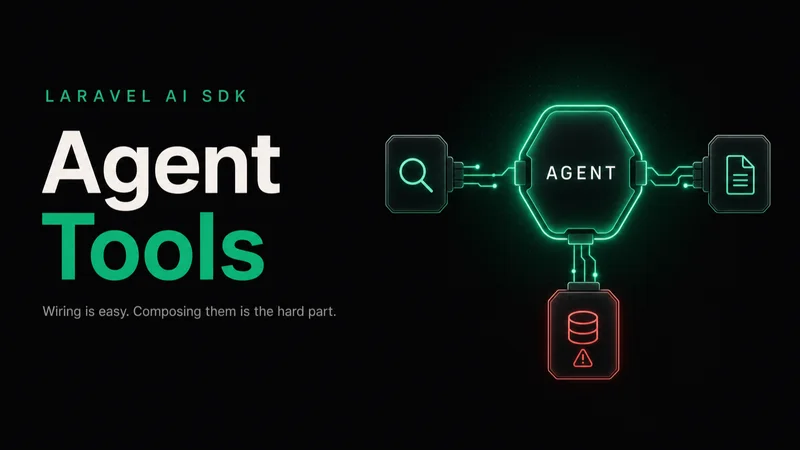 A glowing emerald agent core with three tool modules plugging in: a search lens, a document, and a database cylinder edged in warning red, illustrating composing tools into one Laravel AI agent